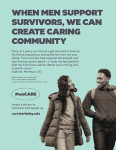 Bystander intervention campaign showing two undergrad students walking together; a Black man and a woman of color; teal background.