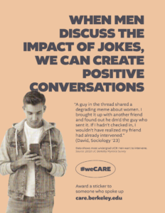 Bystander intervention campaign showing a white man looking at his phone; orange background.