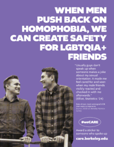 Bystander intervention campaign showing two, white, undergrad men smiling at each other; purple background.