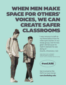 Bystander intervention campaign showing two male students, one Asian and the other white, talking while walking together; teal background.