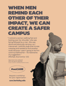 Bystander intervention campaign showing a white, male student with papers and bookbag; orange background.