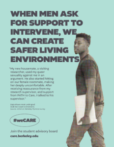Bystander intervention campaign showing a Black male student with a laptop; teal background.